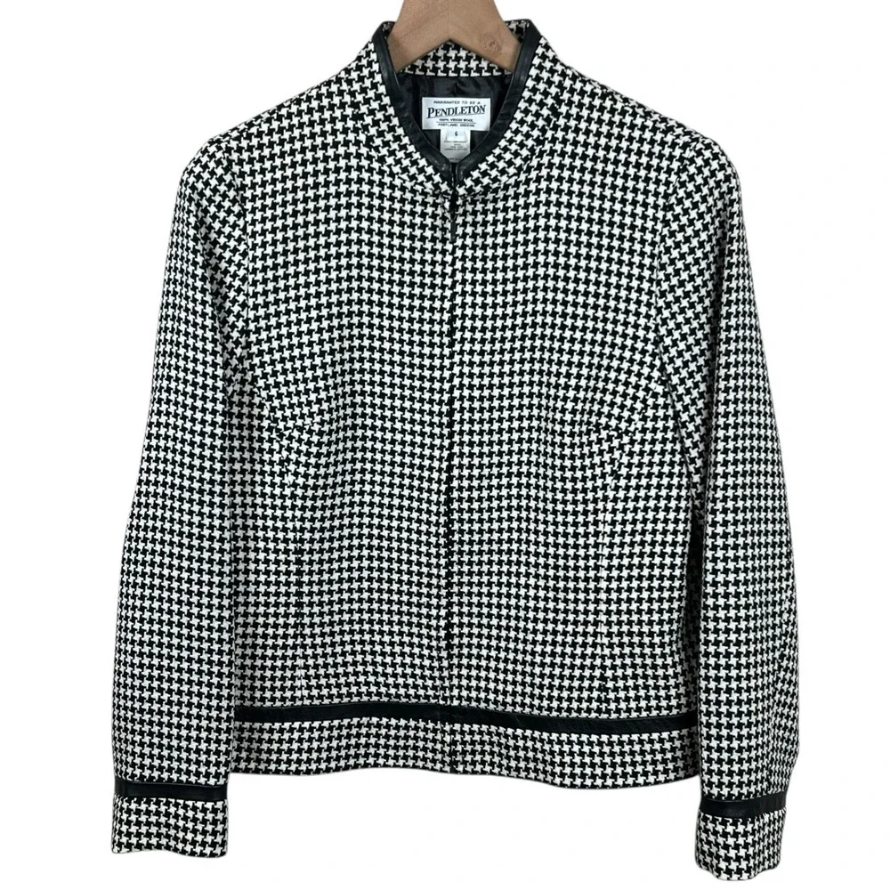 Pendleton‎ Womens 6 Black Cream Houndstooth Virgin Wool Lambskin Trim Jacket